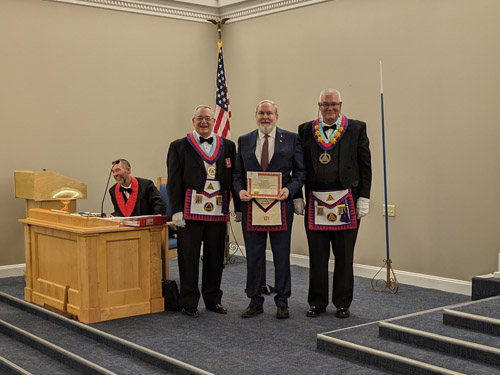 At the meeting of St. John's Chapter No. 171 on October 5th, DGGHP Michael G. Oyler presented Companion James R. Humer Jr. with his 50-year service award. Comp. Oyler was assisted by M.E. Comp. Eric C. Stahley, Grand King. Congratulations Comp Humer!